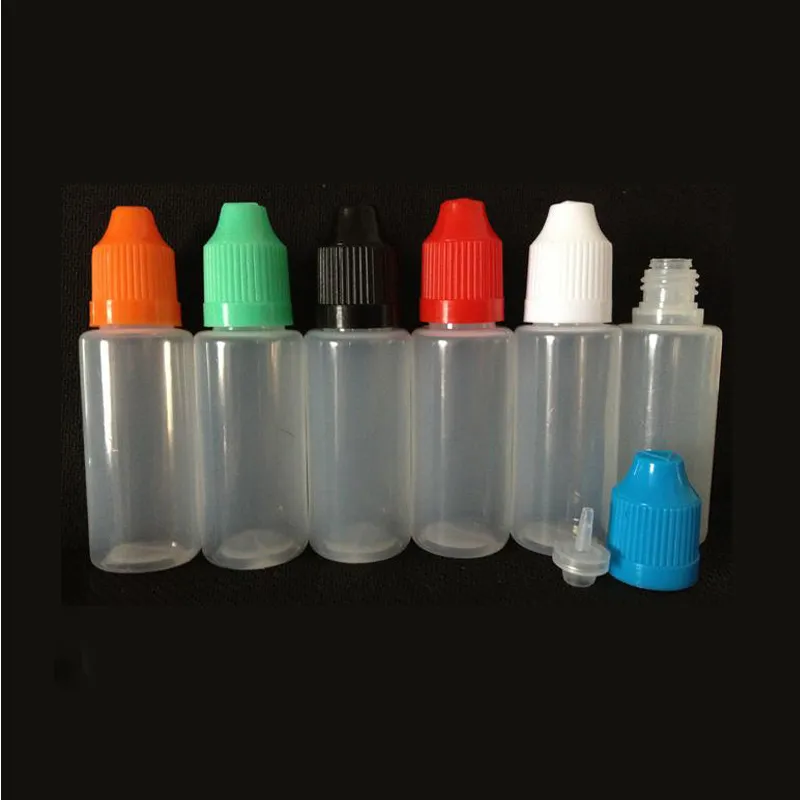 Flacons compte-gouttes PE 3ml 5ml 10ml 15ml 20ml 30ml 50ml, flacon à aiguille avec capuchon de couleur à l'épreuve des enfants, pointe compte-gouttes pointue, eliquide en plastique