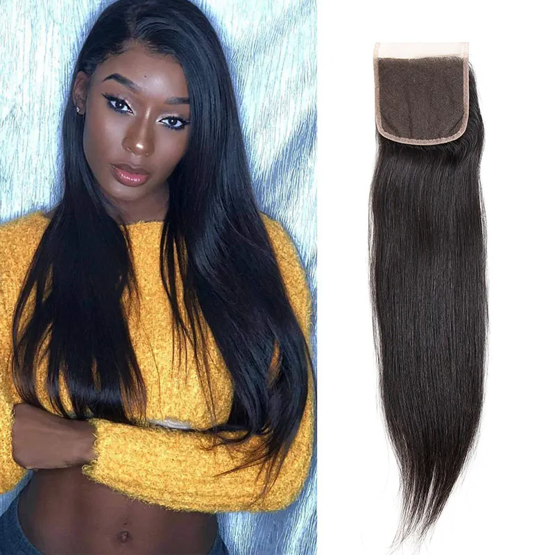 Cabelo virgem brasileiro 4X4 Fechamento de renda Cabelo humano liso Fechamento de renda meio três partes livres retas 4 por 4 Fechamento superior com cabelo de bebê