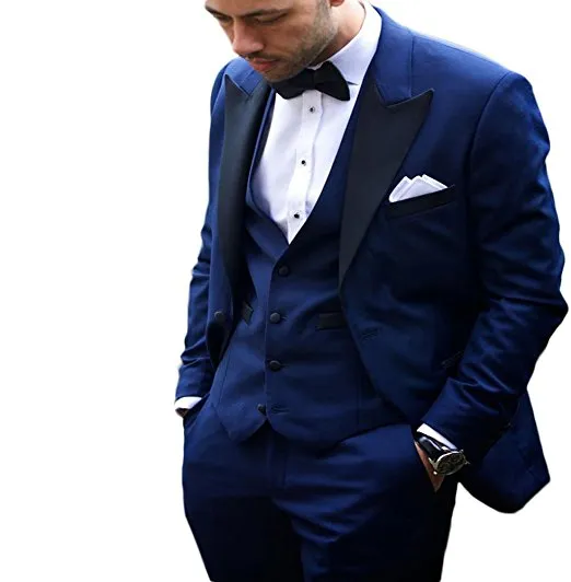 High Quality Groomsmen Peak Lapel Groom Tuxedos Blue Men Suits Wedding/Prom Best Man Blazer ( Jacket+Pants+Vest+Tie ) A123