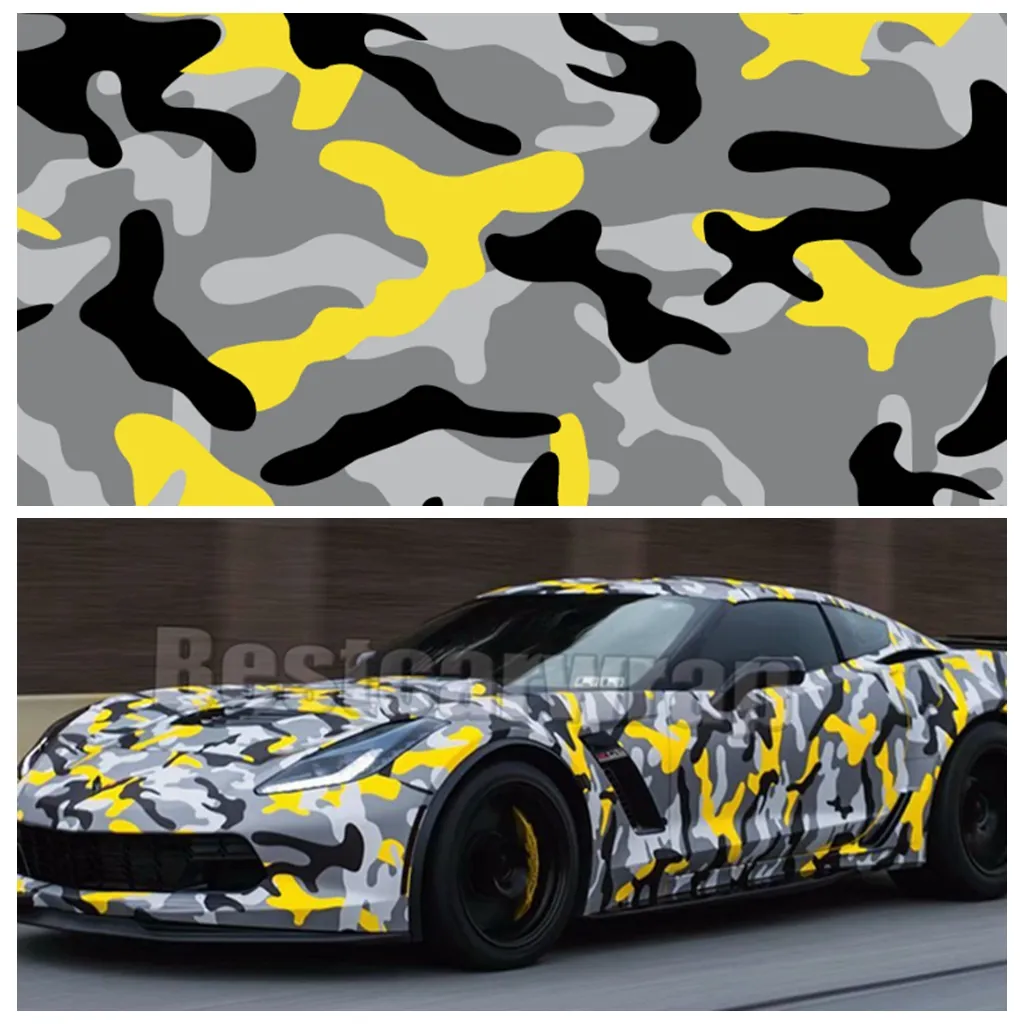 Ubran neve giallo nero grigio Camouflage Involucri in vinile per avvolgere l'auto del veicolo Grafica Camo che copre adesivi senza bolle d'aria 1.52x30m 5x98ft