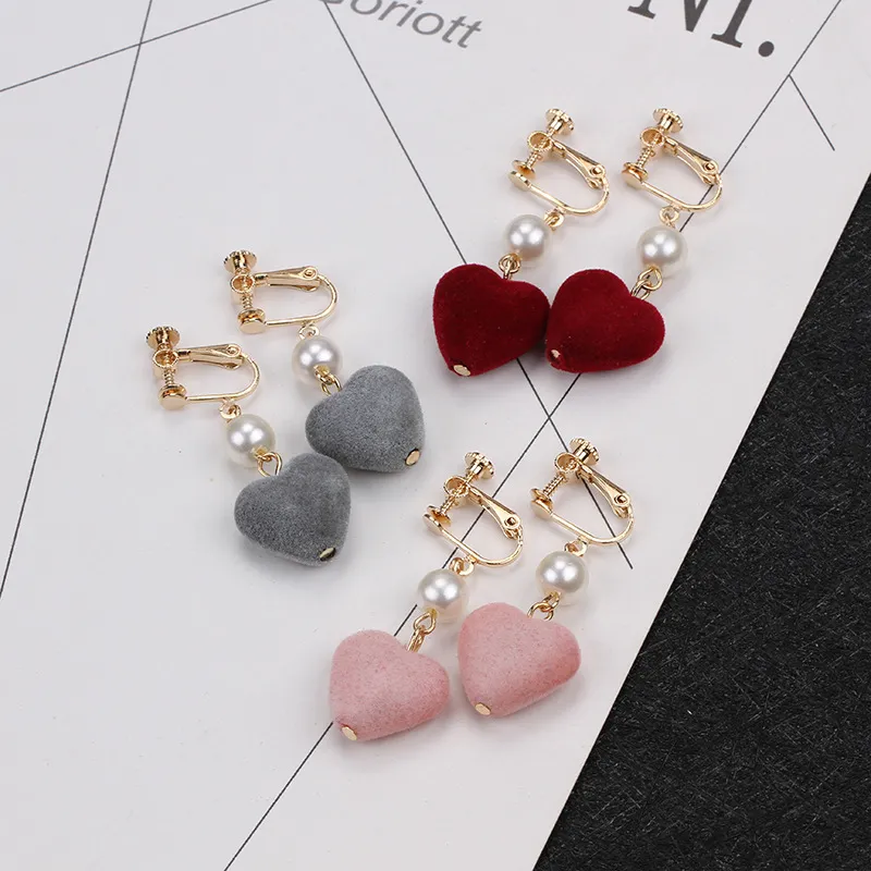 hot sell love earrings flannelette Heart-shaped unsymmetrical earrings girl's pearl sweet without ear cave ear clip