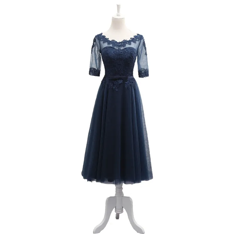 Stunning Dark Navy Tea Length dress for wedding with Half Sleeves, Sheer Fabric, and Applique Pleats - TUlle