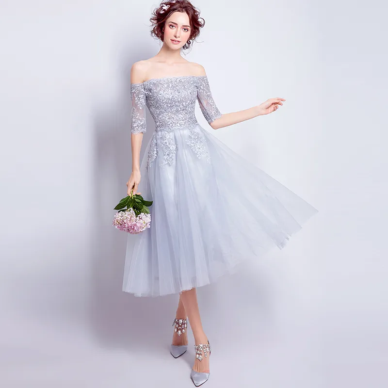 Fairy Bridesmaid Dresses Light Gray Soft Tulle with Applique Strapless Zipper Back Tea Length Summer Wedding Party Dresses Cheap