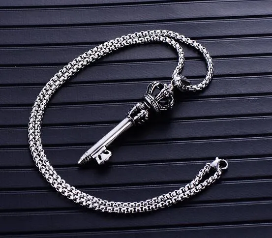 Mens Titanium Necklace, Titanium Mens Chain Crown Key Pendant In