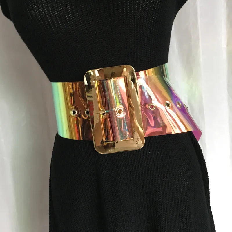Dkblings 2018 nya heta sälja kvinnor mode laser bälte plast bred gradient färg gelébälte 9cm bred