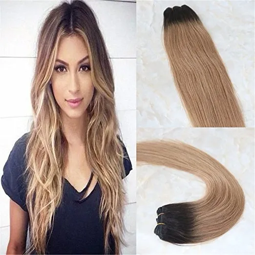 Real Hair Extensions Human Hair Ombre Blond Balayage Färg # 2 Mörkbrun Fading To # 6 Och # 27 Honey Blonde Remy Hair Extensions