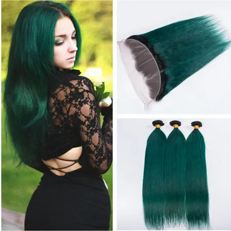 # 1B / Green Dark Root Ombre Virgin Brazilian Human Hair teje con frontales Straight Dark Green Ombre 13x4 Lace Frontal Closure con 3Bundles