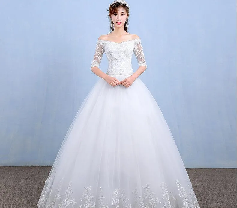 Vente chaude Robes De Mariée 2018 Nouvelle Arrivée Appliques Broderie Dentelle À Demi Manches Sexy Cou De Bateau Princesse Robe robe de noiva