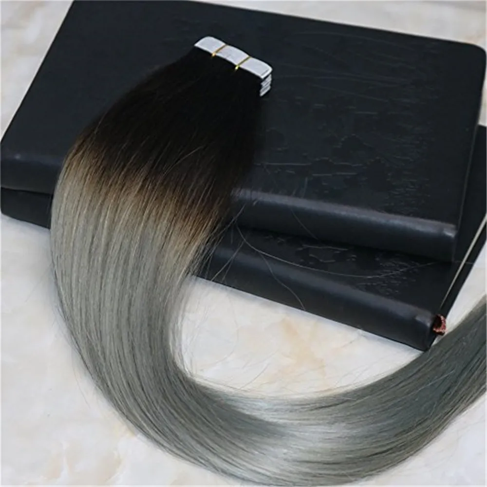 100g Zilver Ombre Tape in Hair Extensions Kleur 1B Vervagen naar Grijs Balayage Dubbelgetrokken Menselijk Haar Topkwaliteit Remy5902504