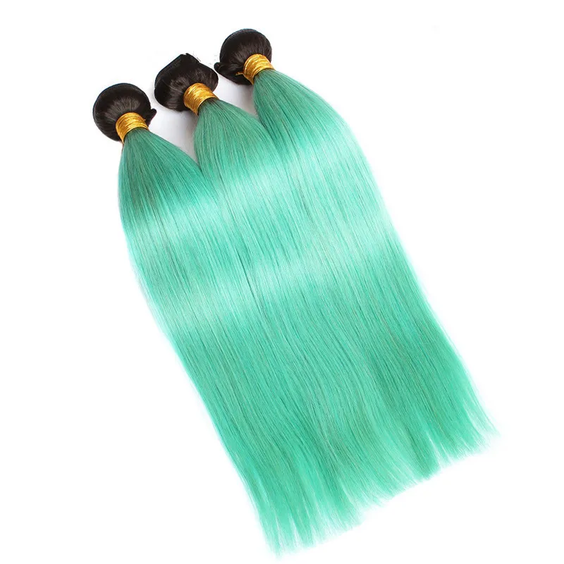 Brazilian Ombre Light Green Human Hair Weave Bundles with 4x4 Lace Closure Straight 1B/Green Ombre Virgin Hair 3 Bundle Deals with Closure