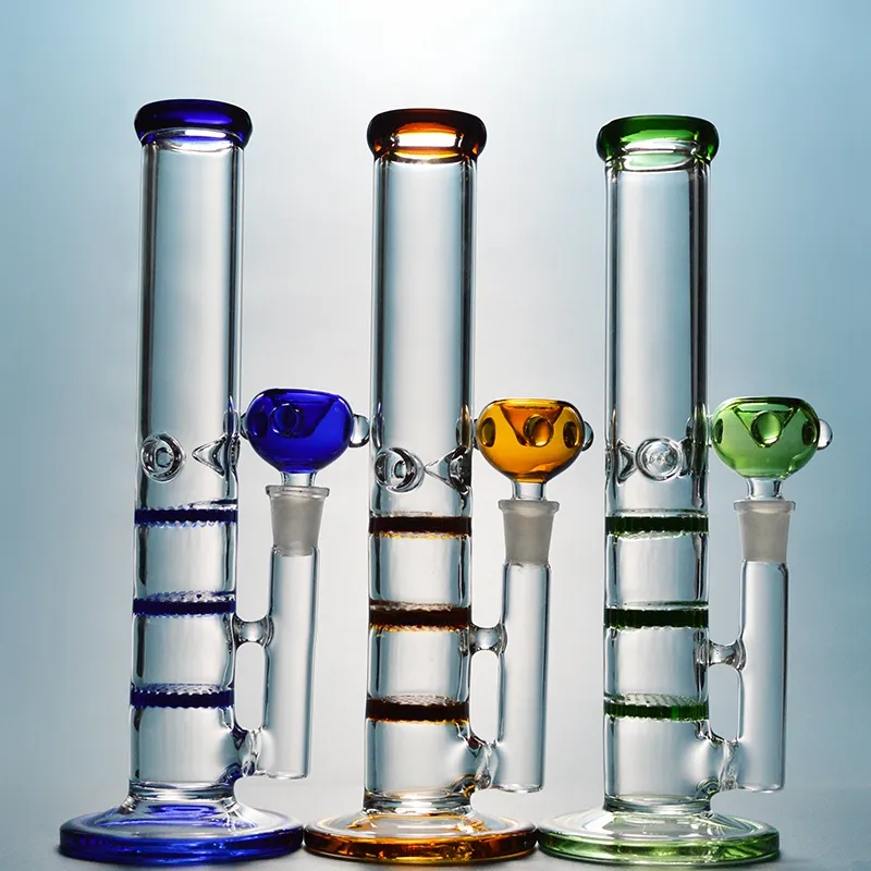 3 Layers comb Bongs Glass Straight Tube Bong Dab Rig Amber Water Pipe Colored Smoking Pipes Heady Oil Rigs With 14mm Bowl WP525