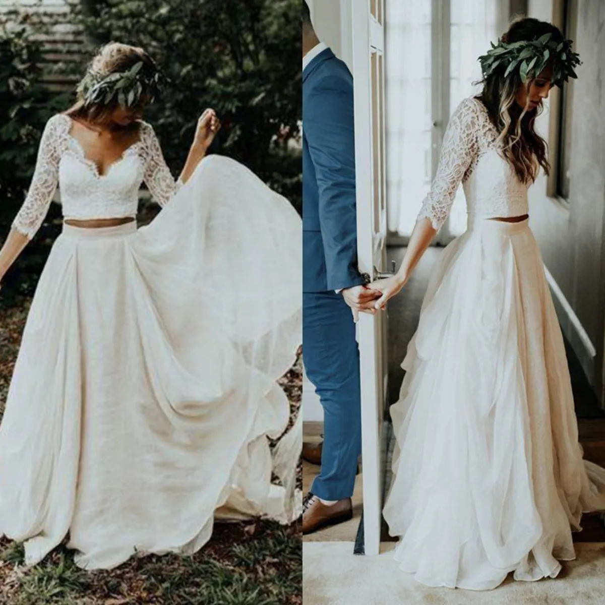 Belles robes de mariée de pays en deux pièces avec manches col en V haut en dentelle à volants en mousseline de soie robes de mariée bohème, plus la taille été plage jardin