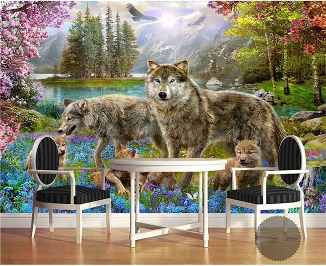 Foto personalizzata 3d wallpaper grigio lupo cani moderno bellissimo fiore di pesco TV sfondo carta da parati adesivo murale