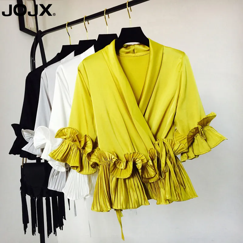 JOJX Solid Ruffles Patchwork Mujer tops e blusas femininas 2018 novas camisas com decote em V chiffon faixas roupas femininas