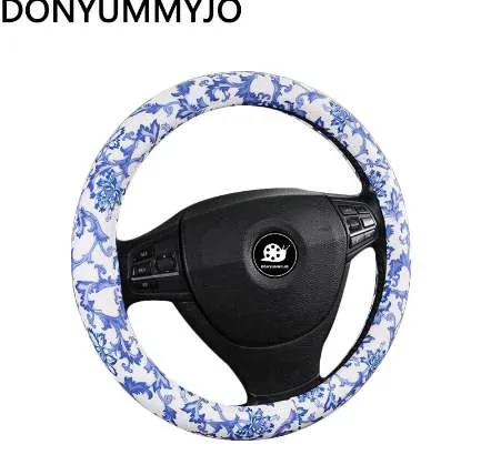 DONYUMMYJO Moda Personalidade Azul e Branco Porcelana PU Car Tampa Do Volante Tamanho 38 CM / 15 '' Titular Protetor