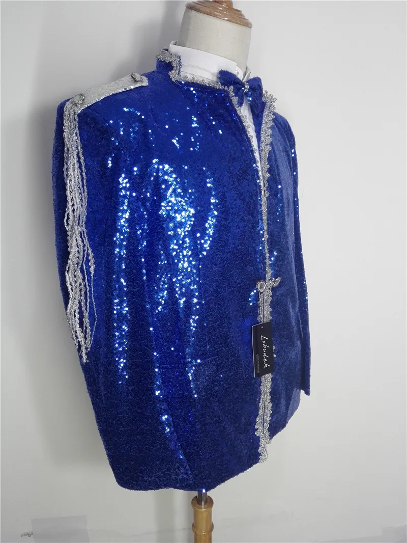 Paillettes bleues pour hommes Vestes Cristaux Glands Slim Manteaux Bar Prom Chanteur Danseur Costumes Scène de fête Performance Vêtements Spectacle de jazz Vêtements d'extérieur
