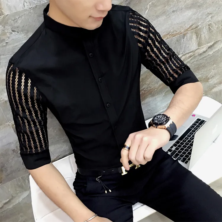 Men See Through Shirt Black White Prom Shirt Men Lace Fashion Designer Slim Fit Camisa Social Masculina