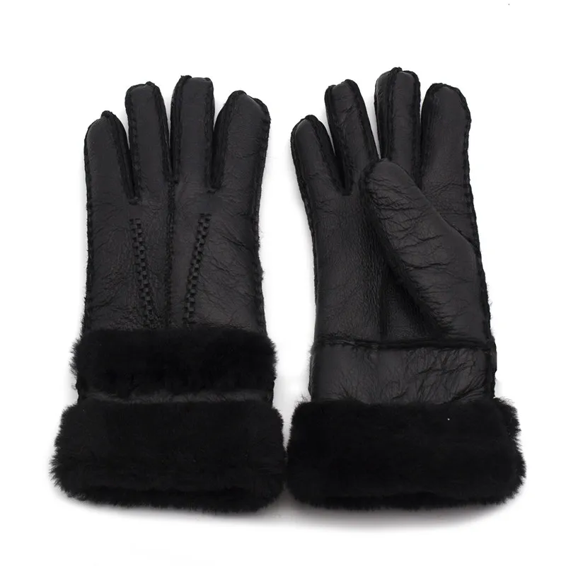 Windproof Sports Women Skiing Brand Designer Fur Leather Five Fingers Gloves Solid Color For Winter Outdoor Keep Warm