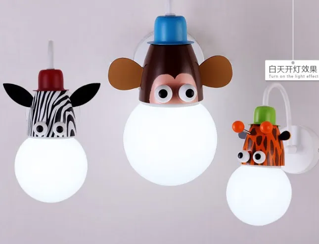 3 tête E27 dessin animé chambre d'enfants lustre chambre lumières mignon singe zèbre lampes créatives