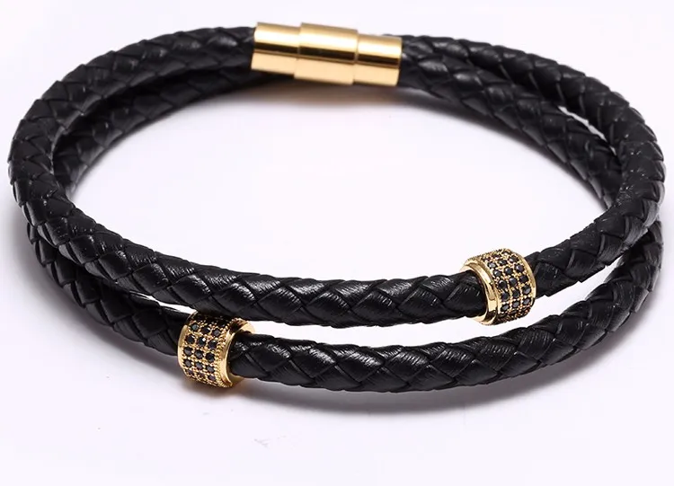 2018 nova moda 10 pçs / set trançado zircão pulseira de couro para homens pulseira de aço inoxidável com fecho magnético jóias artesanais