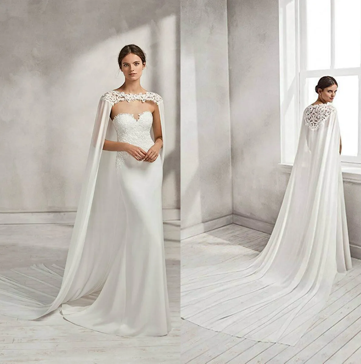 Chic Bridal Capes Custom Made Lace Aplikacje Wedding Party Robe Dla Kobiet Zgrzewać Kurtki Train Bolero Szyfonowe Okładki ślubne