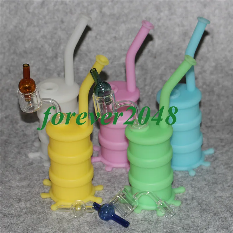 Mini silicone dab rig hookah Glow In Dark glass water pipe bongs silicon barrel rigs with quartz banger and glas carp cap