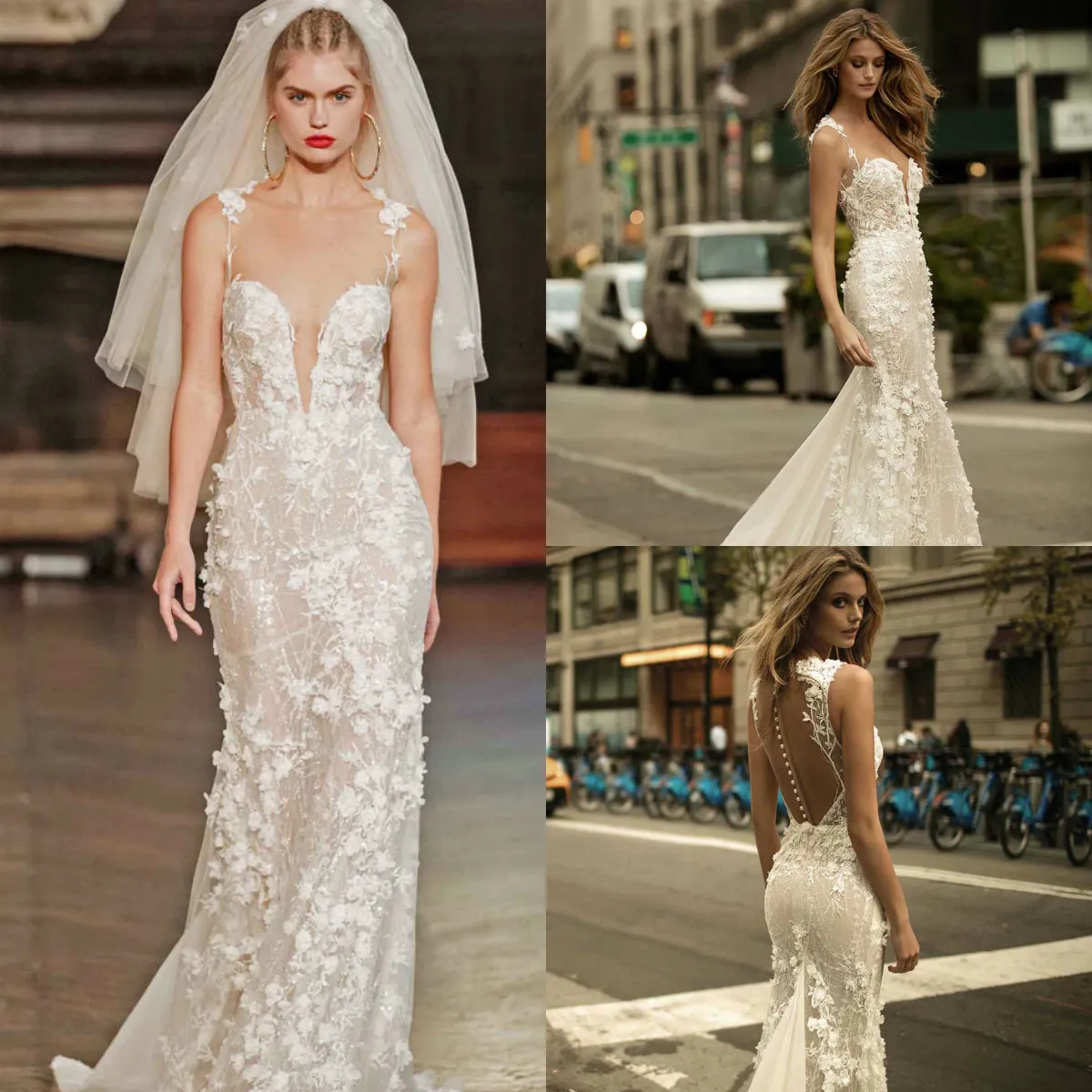 Berta 2018 Spaghetti Suknie ślubne Sexy Głębokie V Neck Full 3D Kwiatowy Aplikacja Sweep Pociąg Suknie Ślubne Custom Made Wedding Dress