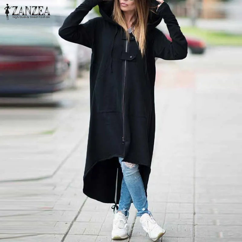 2018 ZANZEA Femmes À Capuche À Manches Longues Fermeture Éclair Cordon Casual Irrégulier Manteau Casual Solide Longue Veste Sweat Plus La Taille D1891803