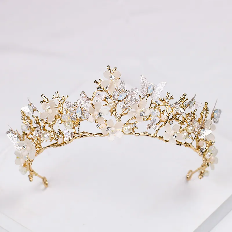 New Butterflies Flower Bride Headpieces Crystal Crown Gold Baroque Tiaras Wedding Accessories Jewelry Birthday Alloy Bridal Hair P3158