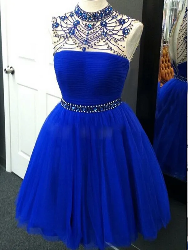 Stunning Royal Blue Short Prom Klänningar High Neck Pärlor Kristaller Beading Utsmyckad Formell Party Gowns Graduation Dress Tulle Kjol