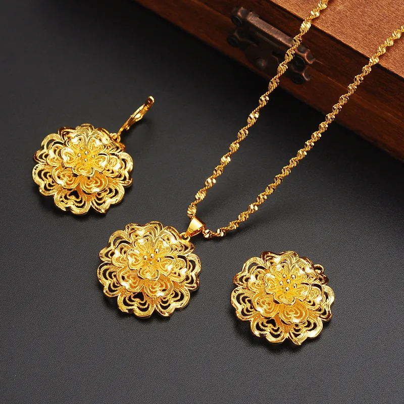 Ensemble de fleurs éthiopiennes en or jaune fin 24 carats rempli de fleurs multichambres, pendentif, chaîne, boucles d'oreilles, mariée africaine, Bijoux de mariage, cadeau 340q