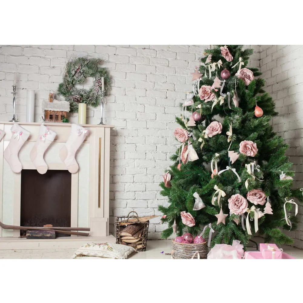 Indoor Fireplace Garland Merry Christmas Backdrop Printed Pink Balls Flowers Decorated Pine Tree Newborn Baby Girl Backgrounds