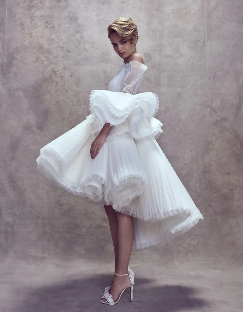 Ashi Studio 2019 Boho Short Wedding Dresses High Low Lace Appliqued Off The Shoulder Ruffles Bridal Gowns vestido de novia