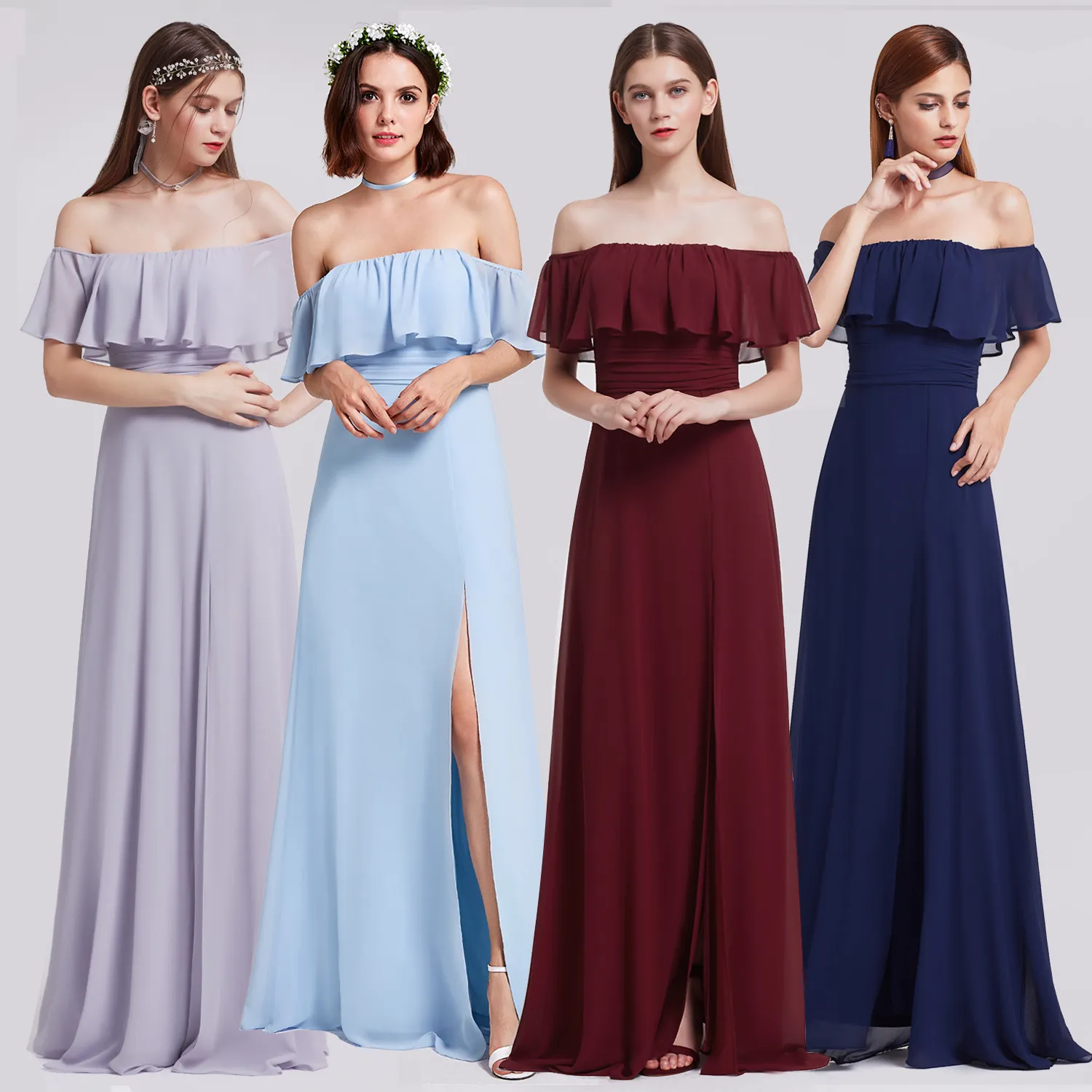 sachin and babi light blue dress Modern Off The Shoulder Ruched Slit Chiffon Bridesmaid Dresses   mollyevers.com