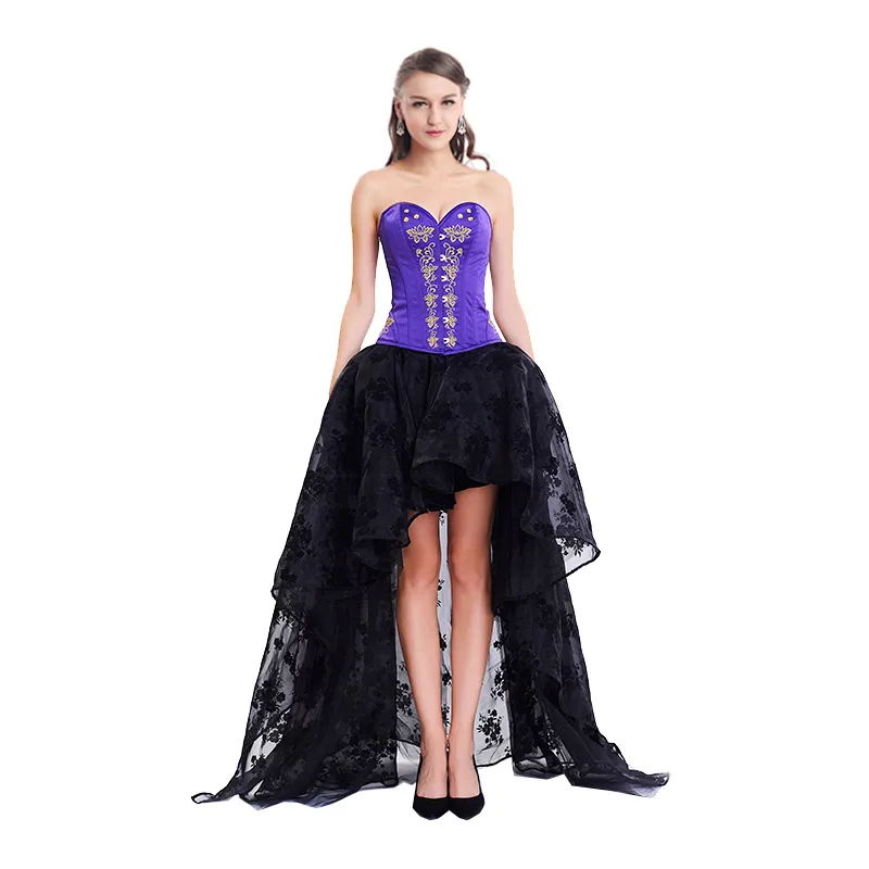 Sexig bustier gotisk corselett med klädsuppsättningar 2 stycken korsett kvinnor steampunk broderi blommig fest bröllop toppar och oregelbunden spets kjol