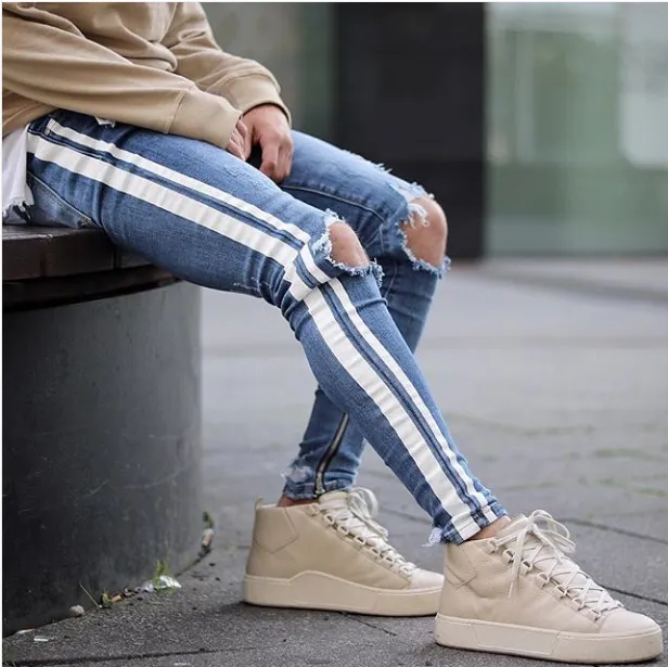 Mens Blue Ripped Holes Side Striped Skinny Straight Slim Elastic Denim Fit Male Fashion Long Trousers Jeans