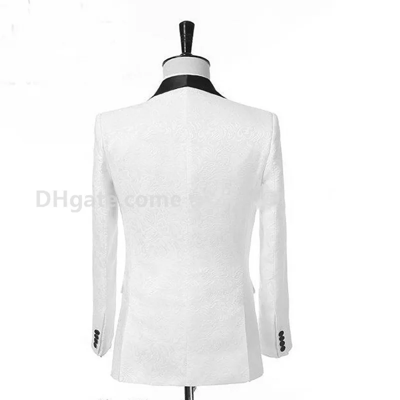 Custom Made White Paisley Sjaal Revers Side Vent Groom Tuxedos Heren Party GroomsMen Suits Mens Business Past Jacket + Pants + Tie + Gordel NO: 20