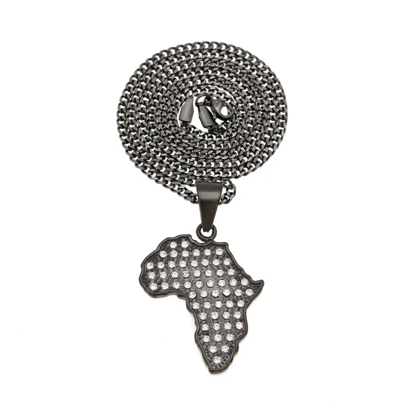 Coola män hiphop halsband rostfritt stål svart pistol guld pläterad cz afrika karta hänge halsband för män kvinnor nl-563