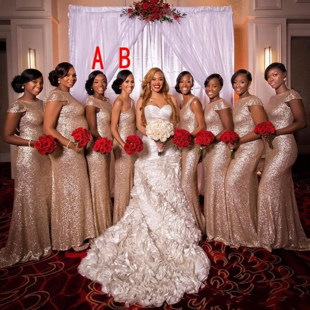 Robes de demoiselle d'honneur longues à paillettes d'or rose bijou manches courtes plafonnées robes de soirée sirène dos fermeture éclair balayage train sur mesure HY239