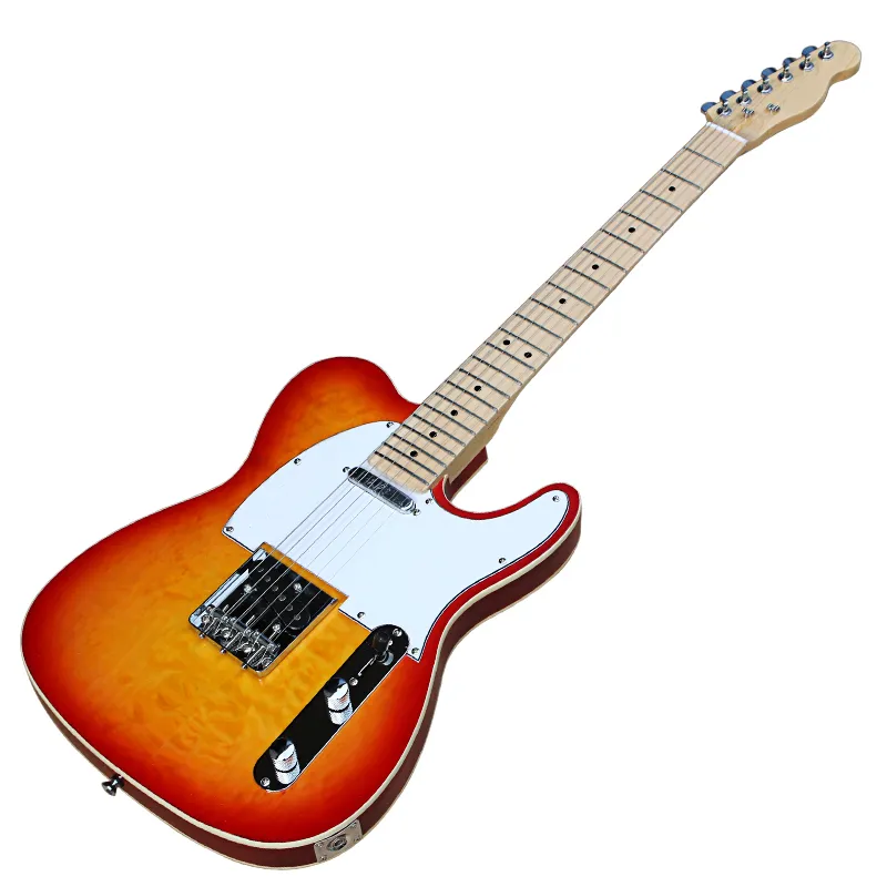 Cherry sunburst gitara elektryczna z białym pickguard, fornir klonowy płomień, ciało wiążące, chromowane przewody, oferta dostosowane do indywidualnych usług