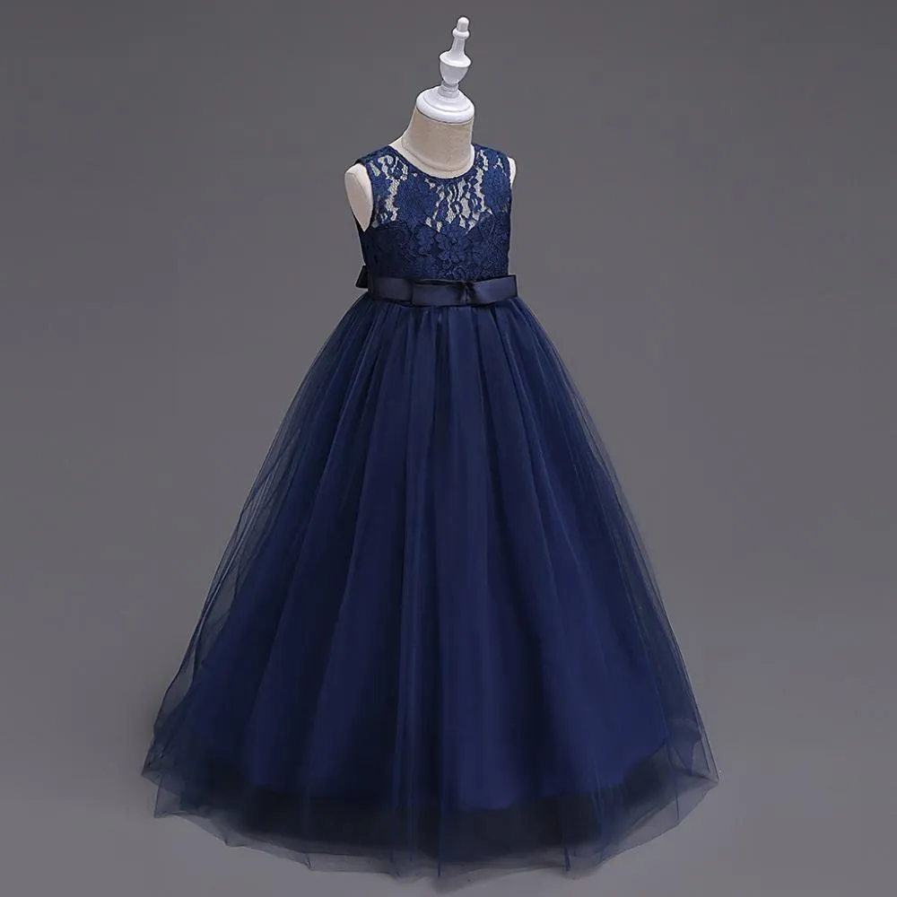 Mignon Bleu Marine Tulle Une Ligne Sash Longues Robes De Filles De Fleur Ras Du Cou Sans Manches En Dentelle Top Fête D'anniversaire Petites Robes De Fille 3053