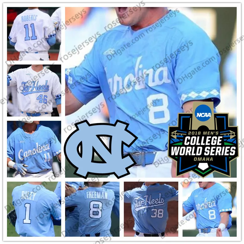 UNC North Carolina Tar Heels # 3 Dylan Harris 4 Brandon Martorano 6 Dylan Enwiller 23 Tyler Baum 2019 CWS Baseball Blanc Bleu Maillots