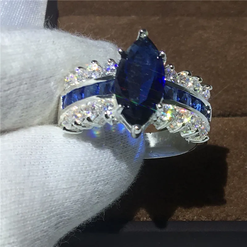 vecalon ジュエリー マーキス カット 5ct ブルー ダイアモニーク Cz 925 スターリングシルバー婚約結婚指輪リング女性用