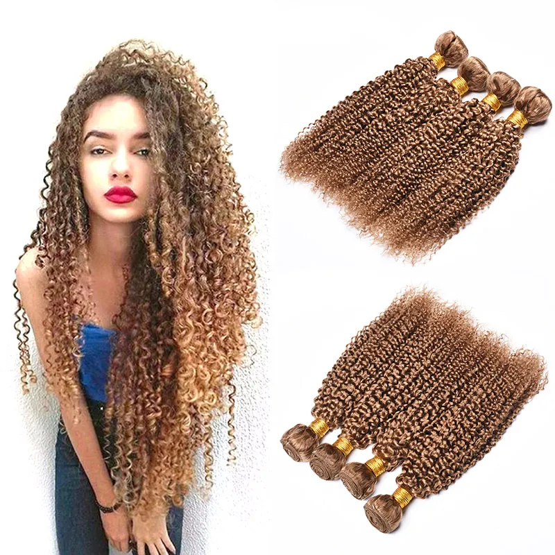 Kinky Curly Human Hair Weave 4 buntar # 27 Honey Blonde Pure Colored Brasilianska Virgin Curly Human Hair 4pcs Wefts Hårförlängning 10-26 tum