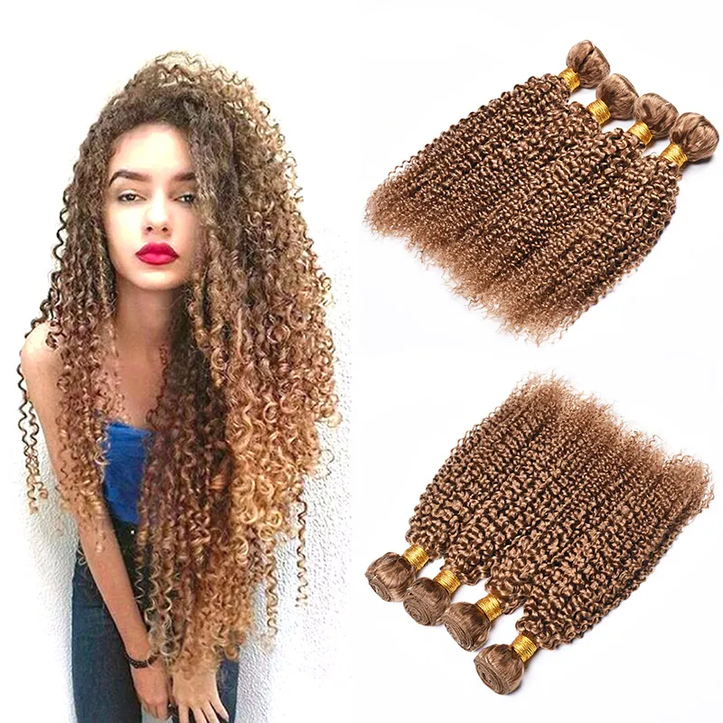 Kinky Curly Human Hair Weave 4 Bundles #27 Honey Blonde Pure Colored Brazilian Virgin Curly Human Hair 4Pcs Wefts Hair Extension 10-26 Inch