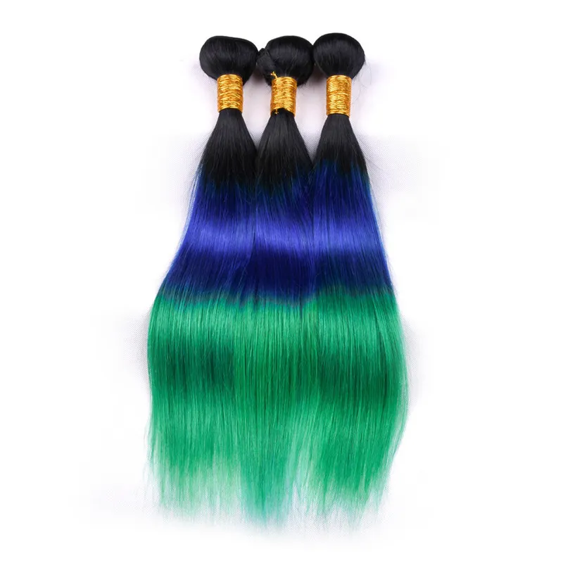 Tre ton # 1b / Blå / Grön Ombre Brasiliansk Virgin Human Hair Buntar Deal Silky Rak Human Hair Weaves Weft Extensions