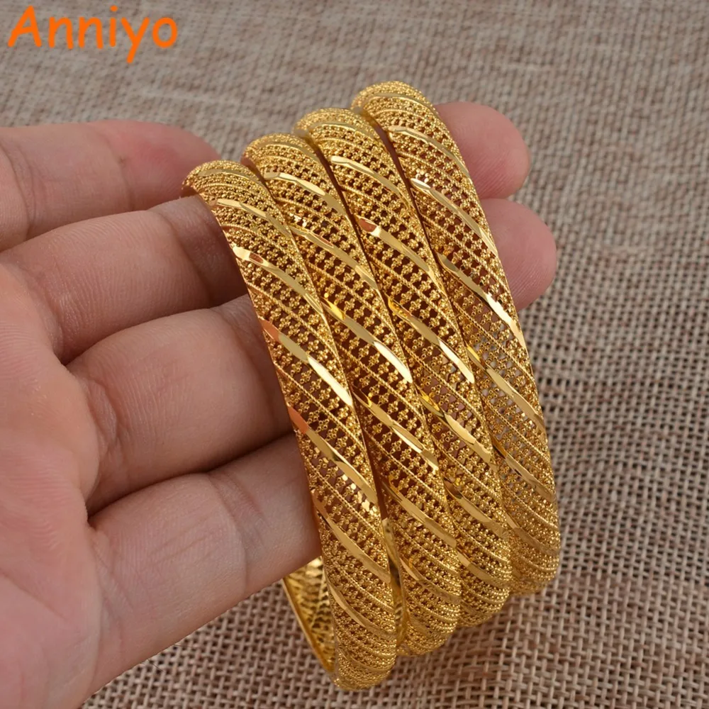 Anniyo 4 Pieces/Lot Ethiopian Gold Color Bangle for Women Dubai Bride Wedding Bracelet African Arab Jewelry Middle East #086006 L18101305