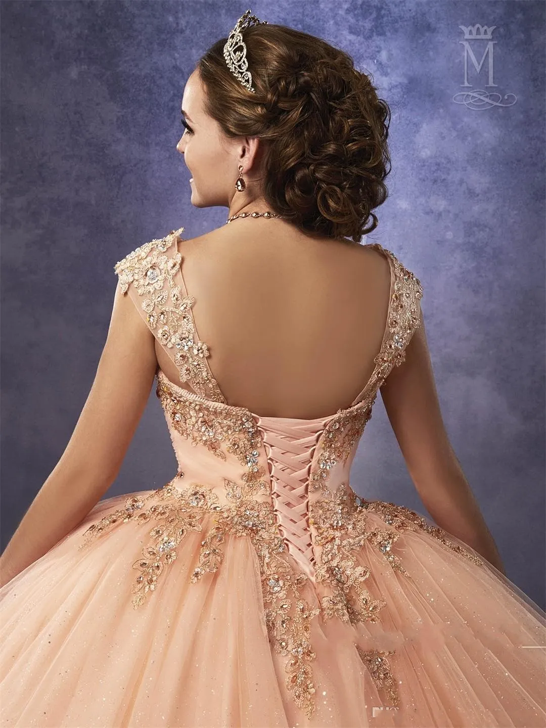 Sparkling Mary's Peach Quinceanera Dresses with Detachable Straps Waist Tulle Sweet 16 Dress Lace Up Back Prom Gowns178x