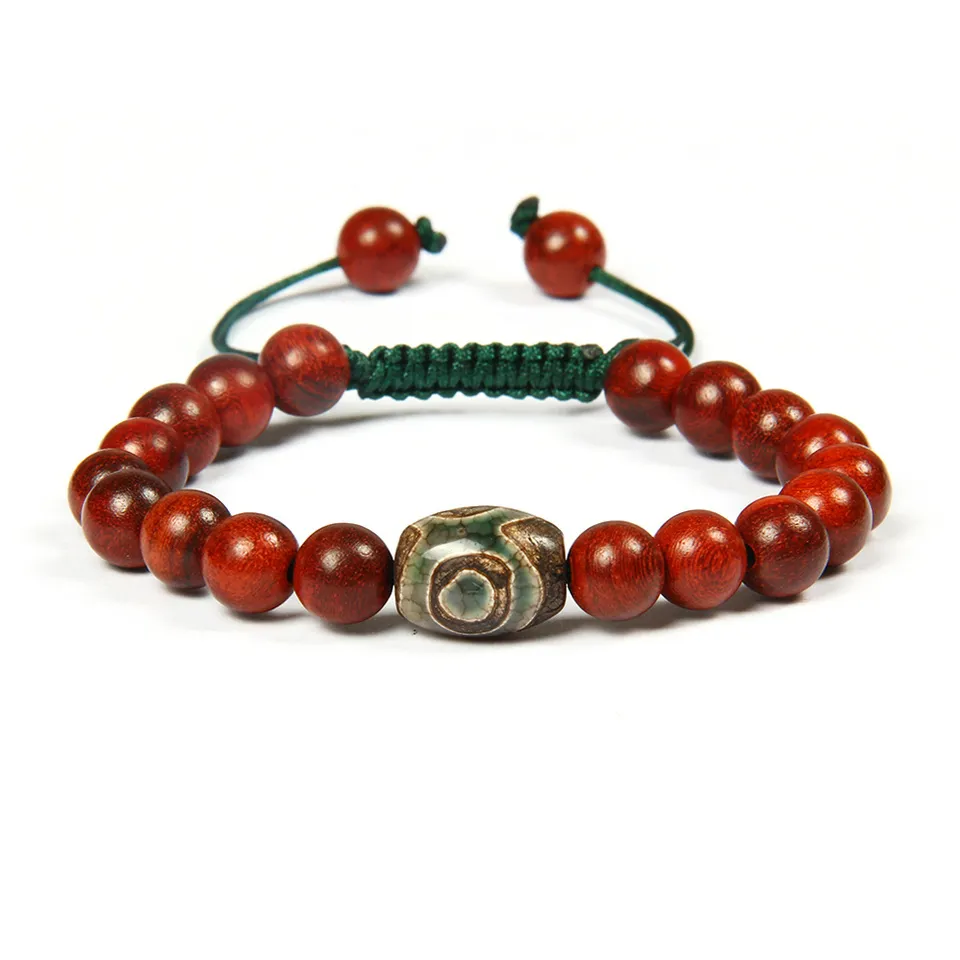 Novo Design de Jóias de Verão Por Atacado 10 pçs / lote 8mm Contas de Madeira Natural Verde Vermelho Tibetano Dzi Olho Yoga Meditação Étnica Macrame Pulseira