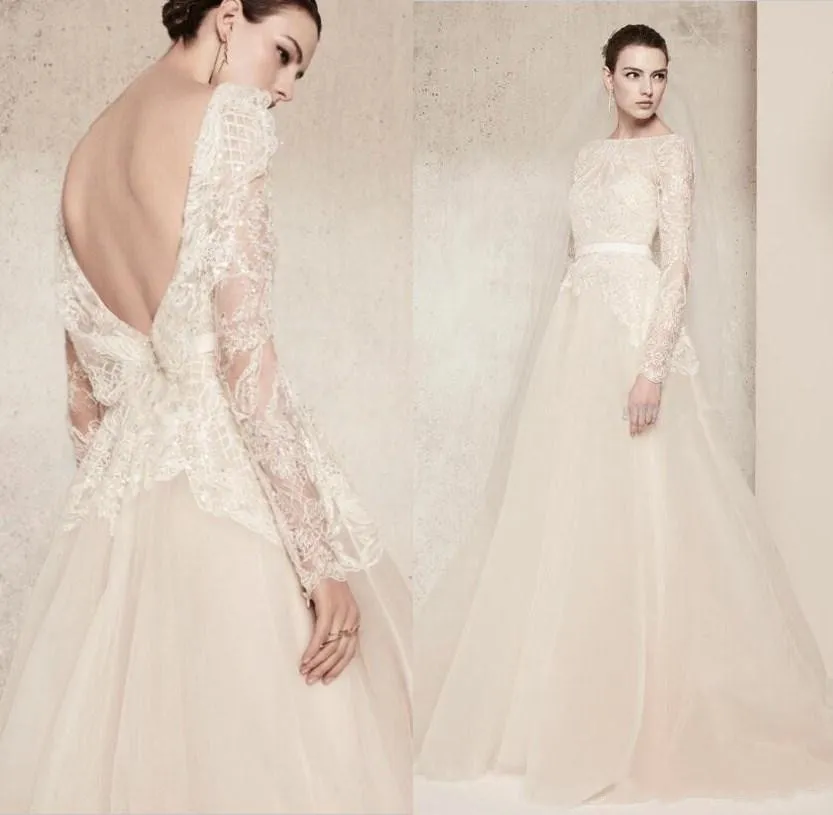 Elie Saab Lace Vestidos de Noiva de Luxo Cristal Sleeves Longos Vestidos de Noiva 2020 Bateu Pescoço Feito Personalizado Plus Size Wedding Dress